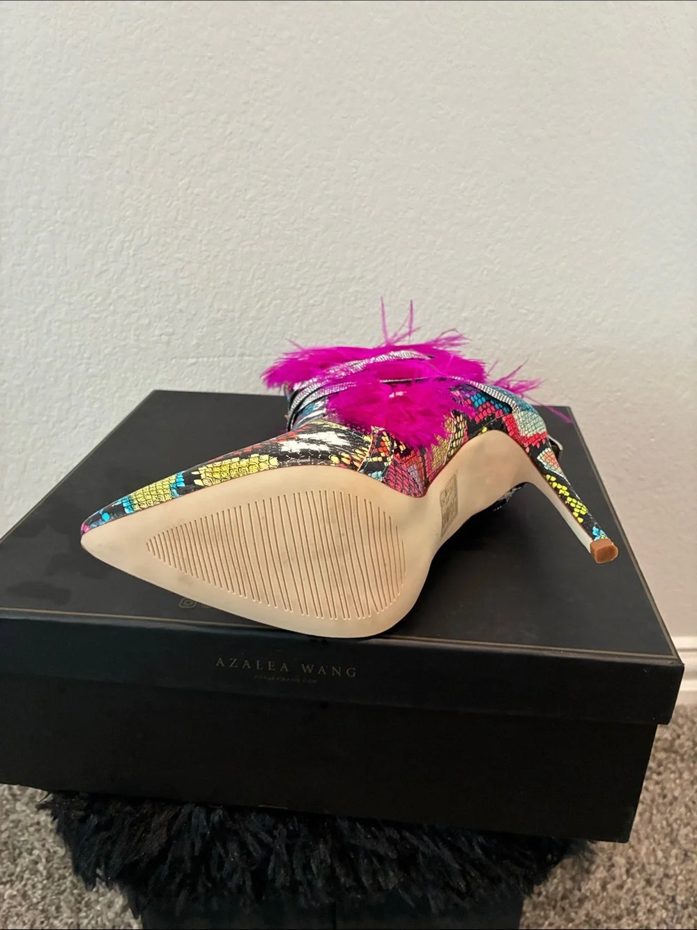 Azalea Wang Pink Feathered Snakeskin-Print Stiletto Bootie